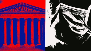 On the left side the Supreme Courthouse Building is featured in red and blue tones. On the right side is a black and white image of a physician wearing a face mask.
