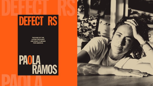 A diptych of the author, Paola Ramos, pictured on the right, and her book jacket on the left. Her book is titled "Defectors: The rise of the Latino far right and what it means for America"