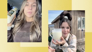 Two screenshots of TikToks of white women with raw milk on a yellow background. One has the caption, "A PSA about raw milk for people having a aneurysm about it," and the other says "of course I drink raw milk."