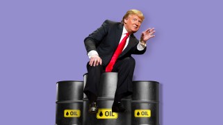 An illustration of Donald Trump sitting atop barrels of oil as he waves, presumably, to oil executives.