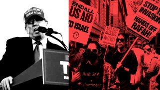 Collage with Donald Trump on the left in black and white and a pro-Palestine student protest on the right.