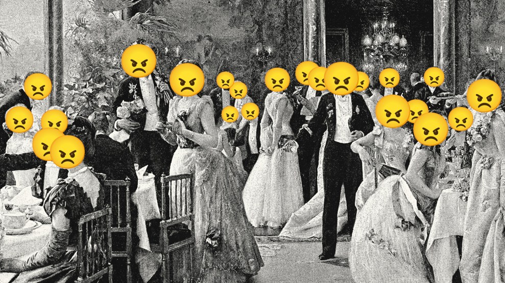Postcard from an opulent Victorian gala; the faces of all the guests are covered by angry emojis.