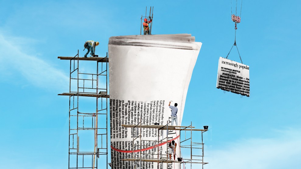 An illustration shows construction workers and scaffolding around an oversized newspaper.