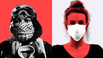 Split photo illustration featuring a masked pro-Palestinian protestor on the left and a woman in a medical surgical mask on the right.
