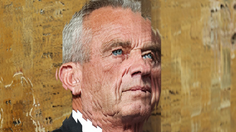 A photo of Robert F Kennedy Jr, a white man with gray hair, which is is distorted
