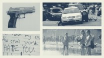 Four photos arranged in a grid: a photo of a handgun; a photo of a car crash; a photo of people holding flowers on the beach; and a photo of handwriting in a diary. "This cruel world" and "HATE YOU" are the only legible words in the diary.