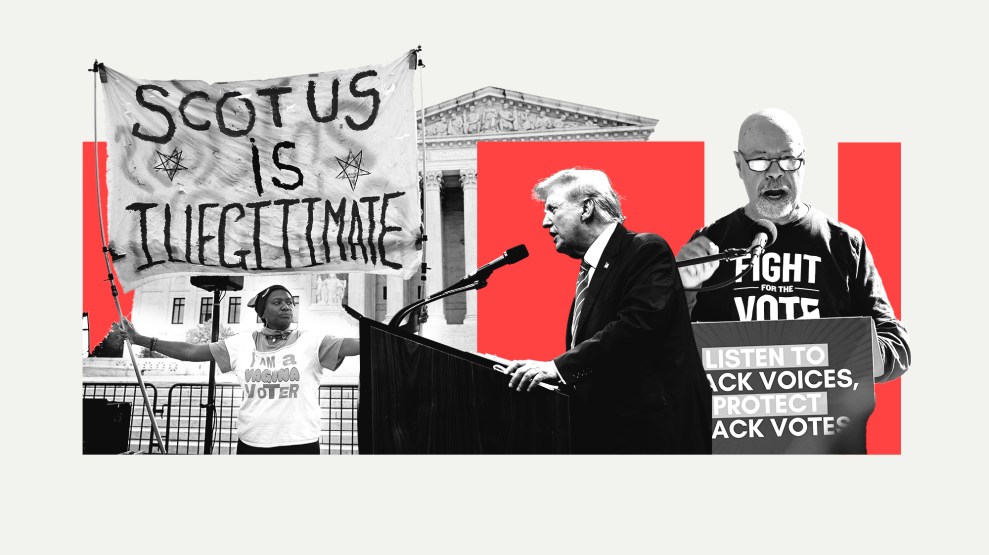 A collage of a protestor in front of the Supreme Court building holding a "SCOTUS is illegitimate" sign; and a photo of Donald Trump speaking at a podium; and a photo of a Black man speaking and wearing a "Fight For the Vote" shirt.