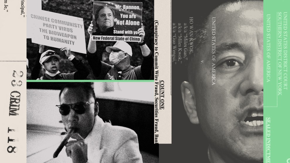 A collage with documents submitted by the prosecution paired with images of Guo Wengui and a group of Guo’s supporters holding signs, one of which reads: Mr. Bannon You are Not Alone. Stand With You. New Federal State of China.