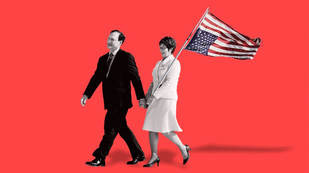 An illustration of Supreme Court Justice Samuel Alito walking hand in hand with his wife, Martha. Martha totes a pole in her free hand, which is placed over her left shoulder. The pole has an upside down American flag at the end.