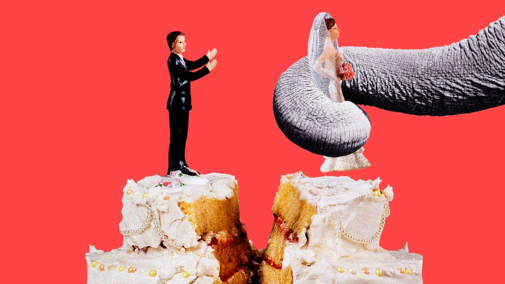 An illustration of a groom figurine standing with outstreched arms on top of a divided wedding cake. The trunk of an elephant, hands him back his bride, who tried to escape.
