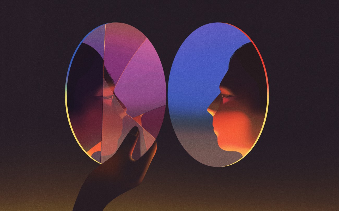 An illustration shows two mirrored images with a face. One mirrored image is cracked.