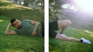 Diptych of person laying on a grassy hill.