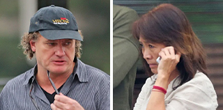 A diptych: on the left is a photo of a man in a baseball hat holding sunglasses; on the right a woman holds a cellphone to her ear