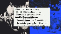 Collage with photo from the 2017 Charlottesville "Unite the Right" Rally, a memorial at the Tree Of Life Synagogue, and the dictionary definition of anti-Semitism