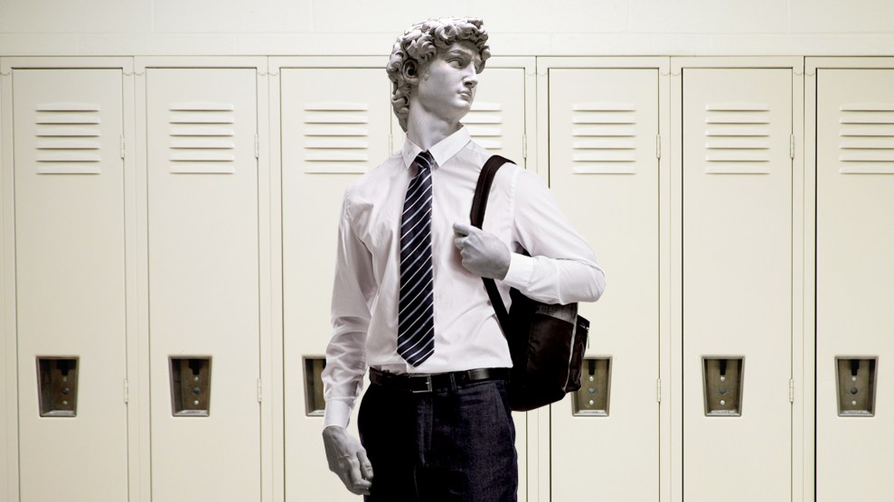 The statue of David is wearing a prep school uniform and standing in front of high school lockers with a backpack slung over his shoulder.
