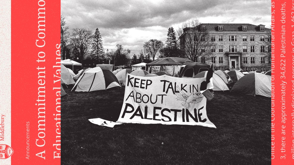 Collage of Middlebury College student encampment with a sign reading "KEEP TALKING ABOUT PALESTINE" and excerpts from an announcement from the administration.