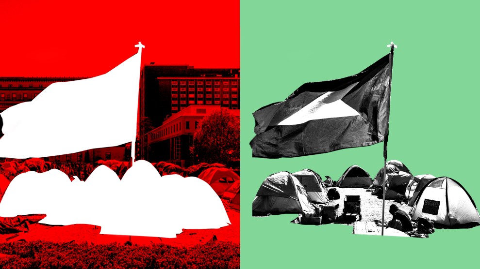 Photo of the Columbia University Pro-Palestine encampment on left, with tents cut out. Black and white photo of those tents appear on the right, on a green background.