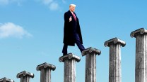 Photo illustration of former President Donald Trump walking up a set of stairs made of courthouse columns.
