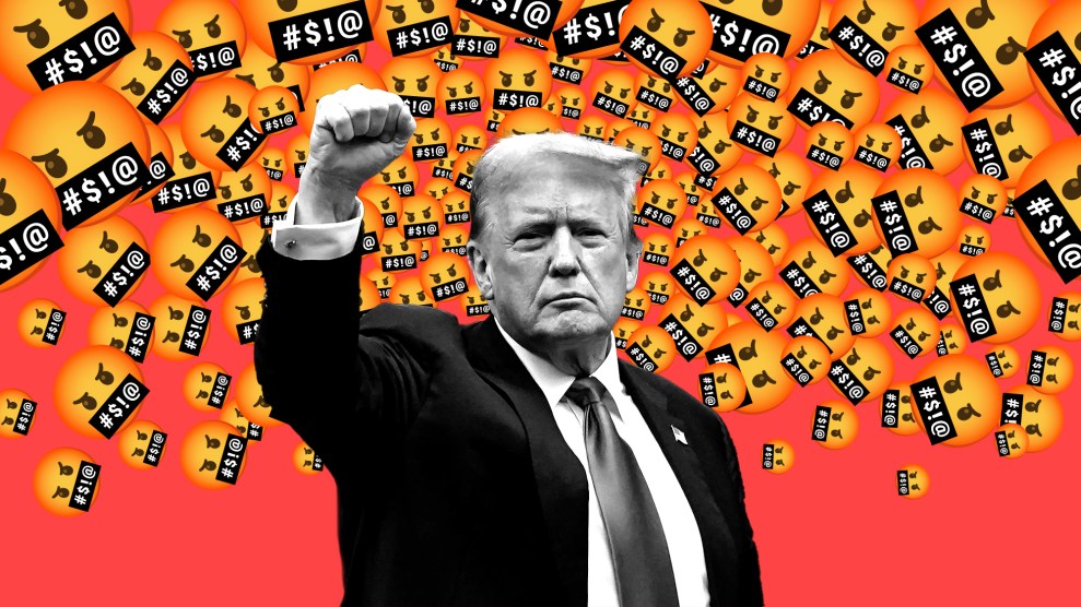Trump stands with his fist in the art, in front of a wave of angry emojis.
