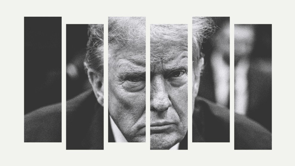 A black-and-white portrait of Donald Trump as he sits in court. The horizontal photo is cut into six pieces, and the spaces in between the slices convey that Trump is behind bars.