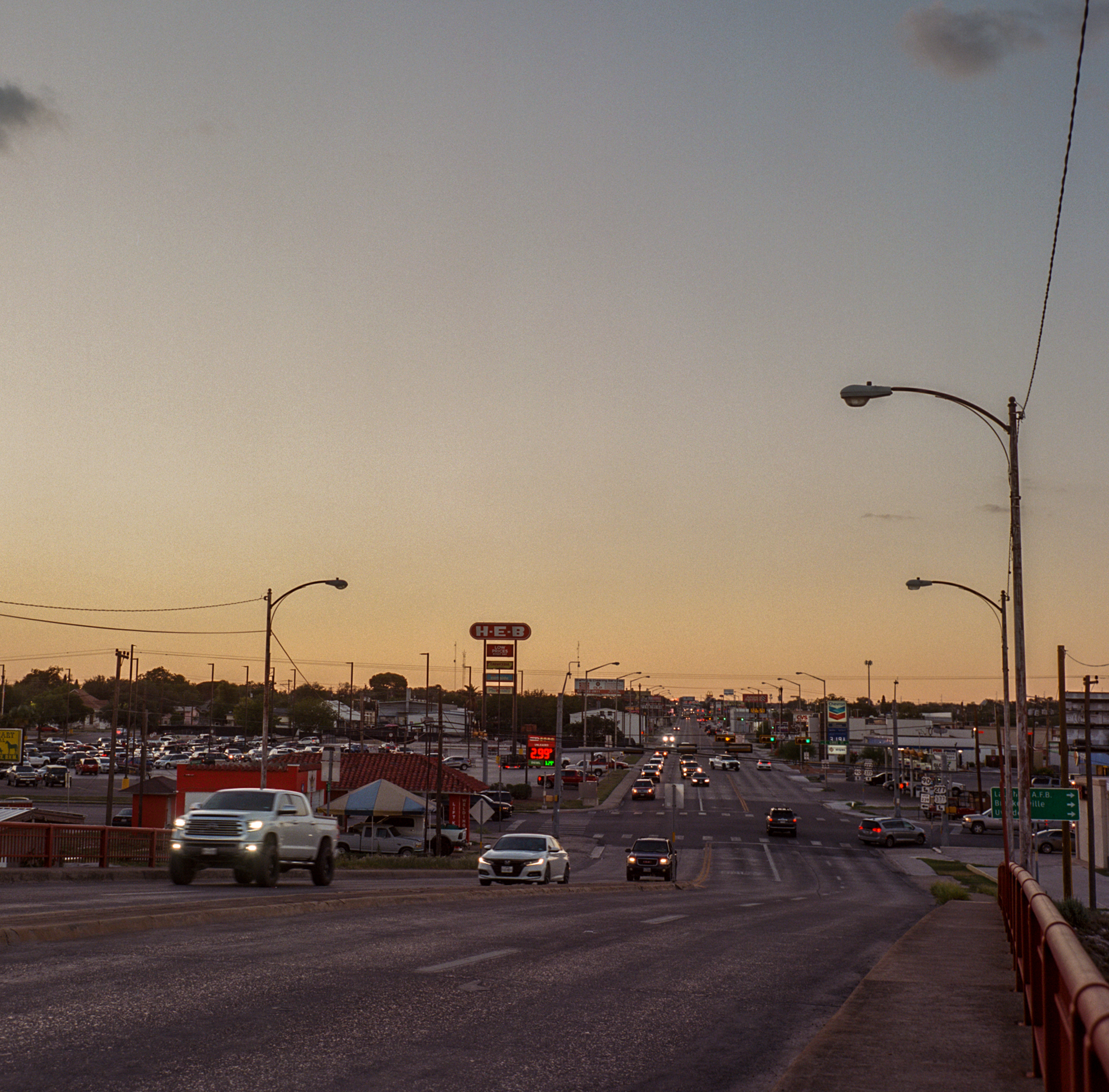 View of street at dusk.