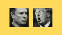 A composite image on a solid yellow background featuring two side-by-side, black-and-white portraits. On the left is a close-up of Elon Musk with a serious, pouty expression. On the right is a close-up of Donald Trump speaking into a microphone with his mouth open.