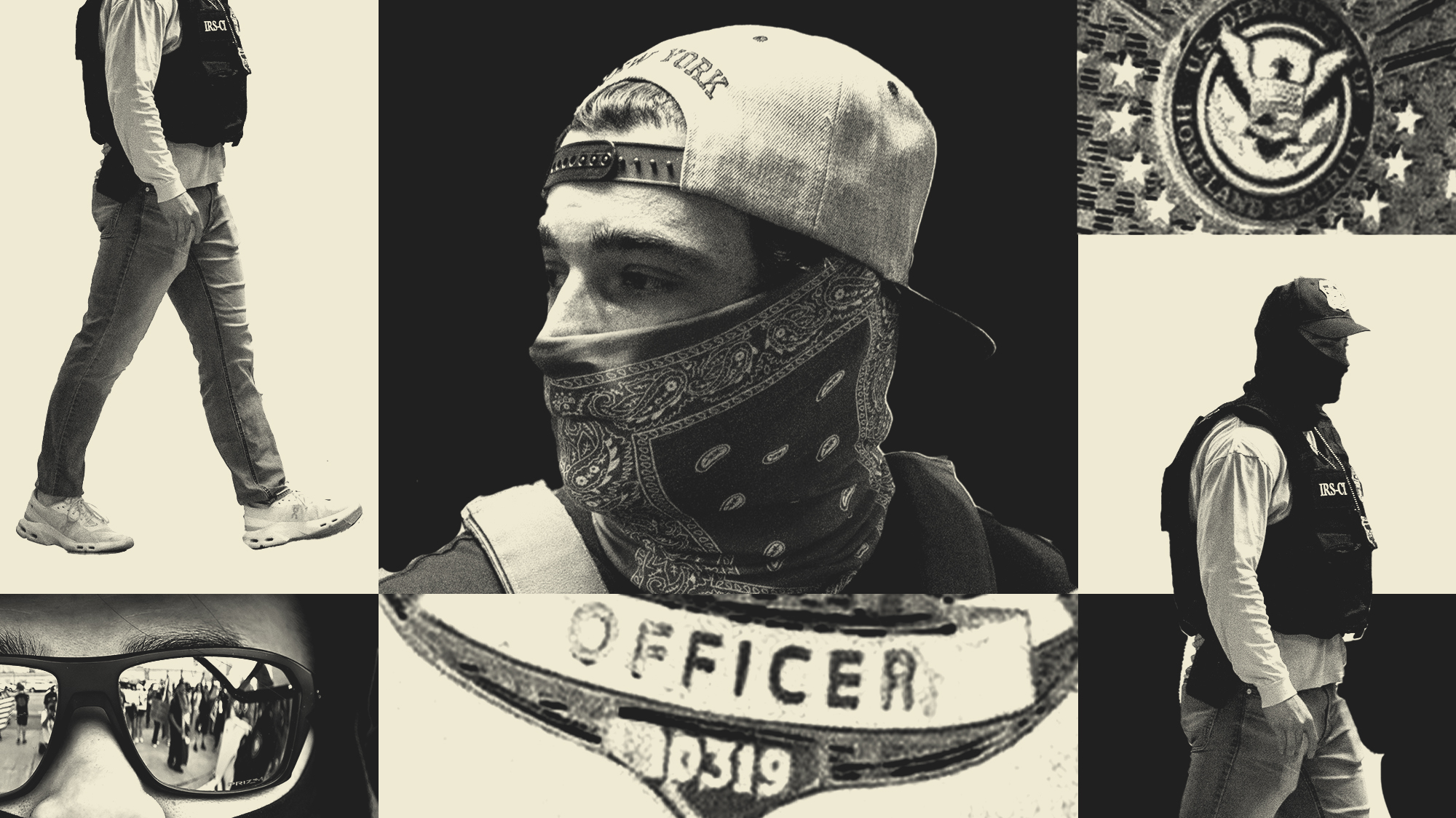 Collage featuring ICE agents in jeans, sneakers, sunglasses, backwards baseball hats, a badge, and face coverings (both bandannas and balaclava-style).