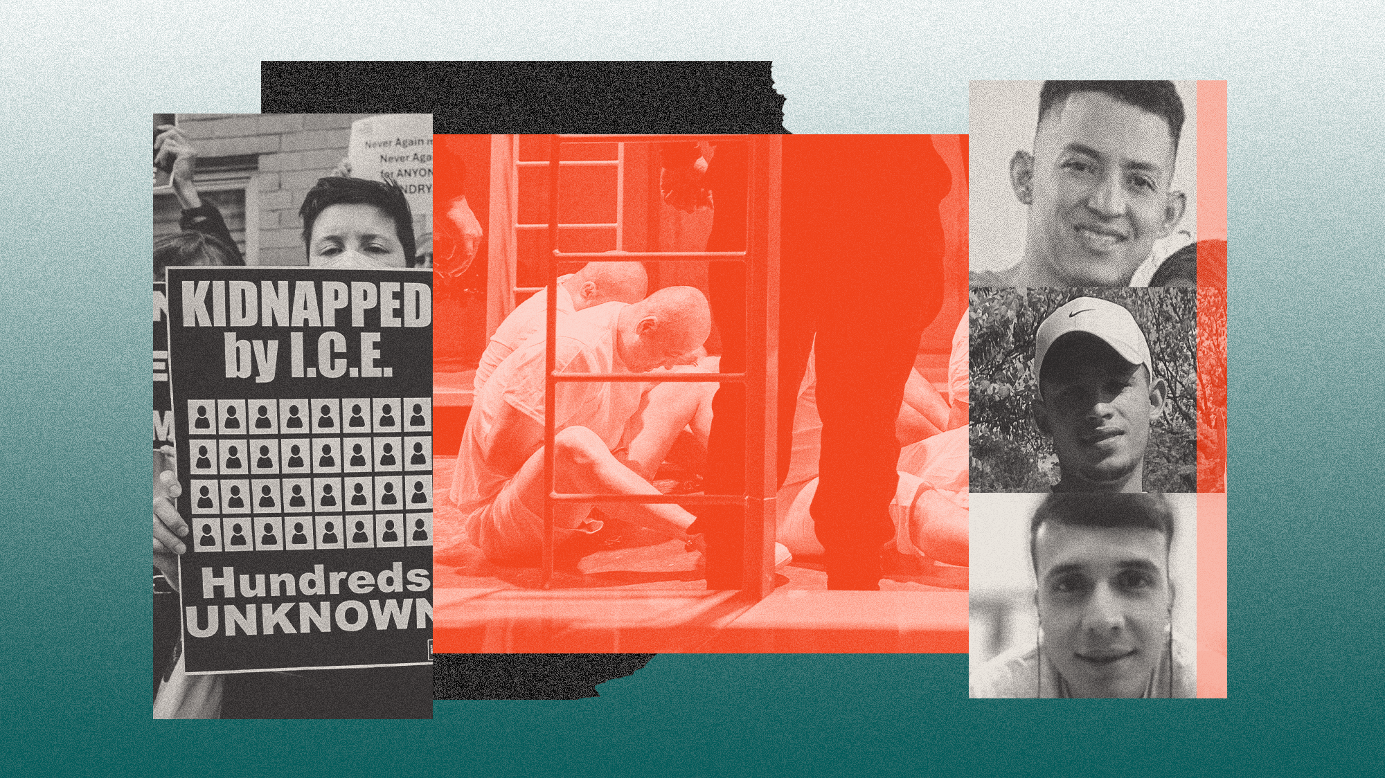 A collage of black-and-white and red-tinted photos on a green gradient background. The collage shows a person holding a sign that reads 'Kidnapped by ICE.' At the center is a photo of people imprisoned in El Salvador. To the right are the faces of three young men who are smiling.