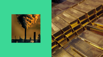 A pair of photos on a green background. On the left is a tall, billowing smoke stack. On the right is a stack of gold bars.