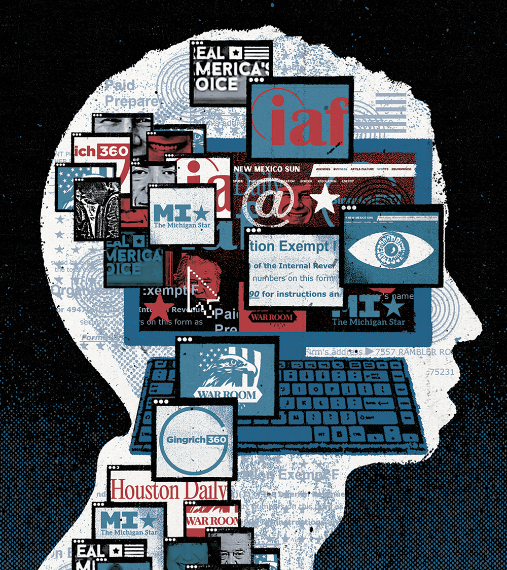 A silhouette of a person is filled with a collage of photos and images from news sites