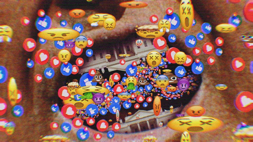 An illustration that views the open mouth of Donald Trump up close. Spewing from his mouth is a blurry stream of hundreds of emojis of all kinds: Thumbs up, heart, vomiting, poop, clown, and mischievous devil, for example.