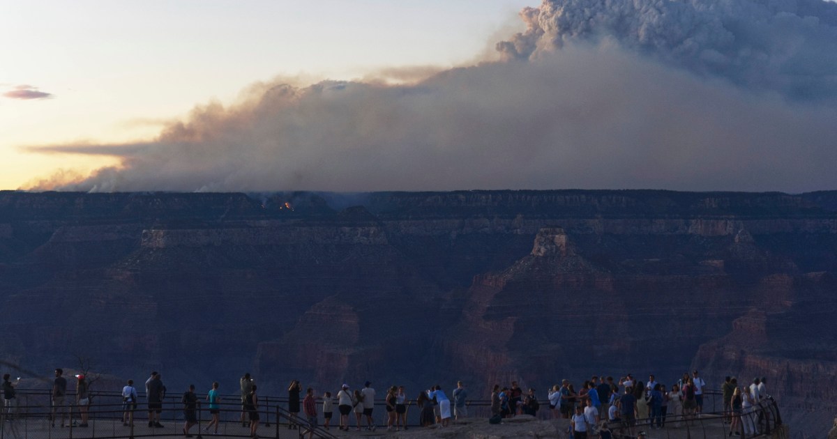 A scene of dozens of people looking out over the Grand Canyon with smoke billowing in the distance.