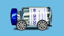 Photo illustration of a COVID-19 vaccine vial as a vehicle, with wheels and an exhaust pipe.