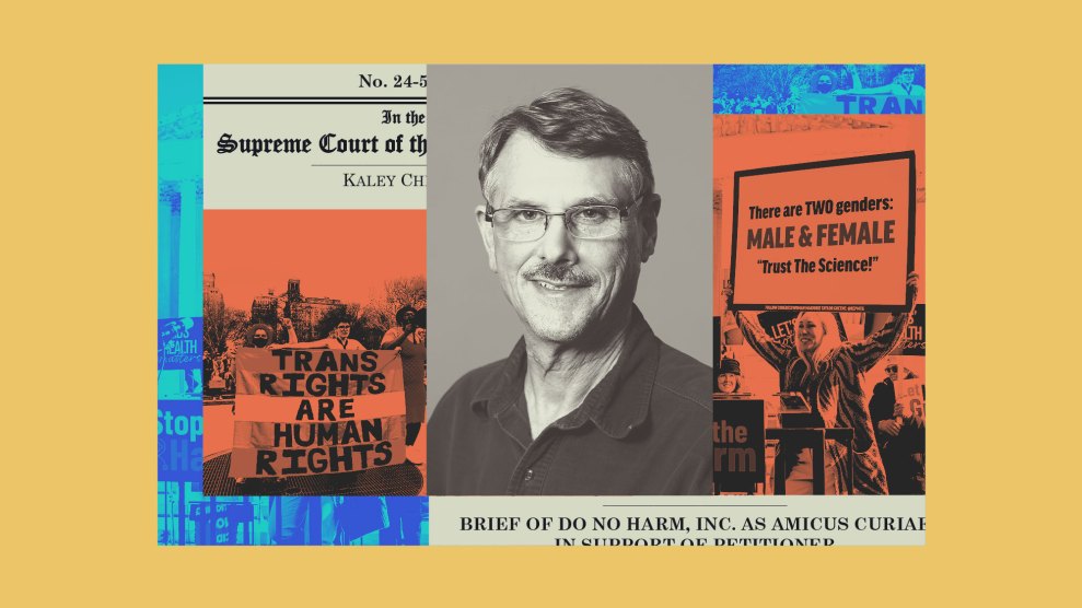 Portrait of a man in glasses centered between protest signs about transgender rights, one reading “Trans Rights Are Human Rights” and another “There are TWO genders: Male & Female — Trust the Science.”