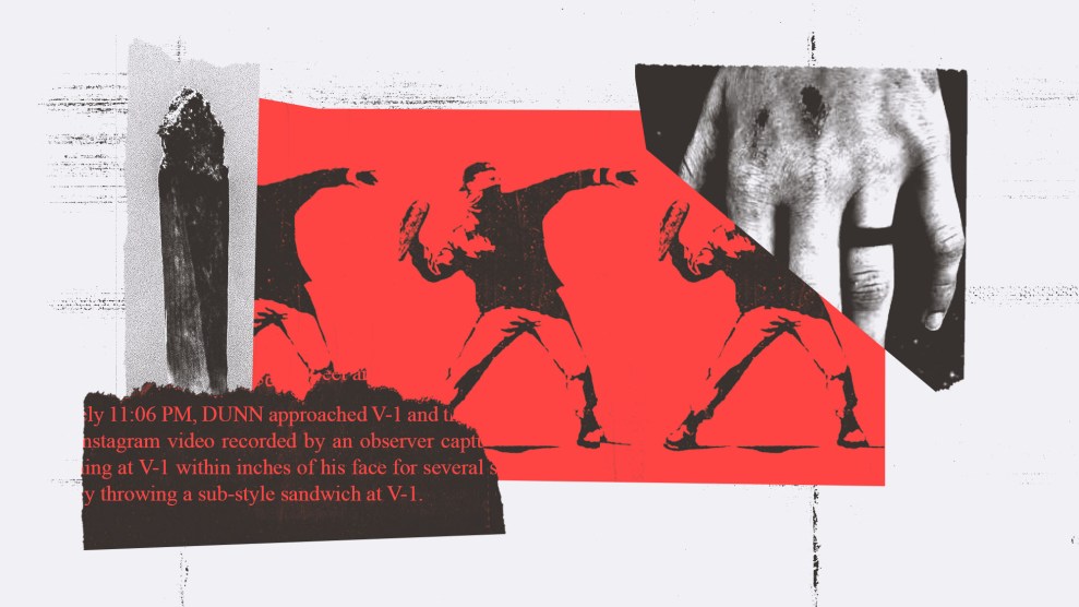 Photo collage featuring clippings from an arrest warrant statement of facts, a Banksy-style graffiti of a maksed man throwing a submarine sandwich, a lit joint, and a scrapped hand of an officer.