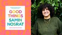 Photo collage featuring the book cover for "GOOD THINGS" on the left and a portrait of the author, Samin Nosrat, smiling in front of foliage, on the right.