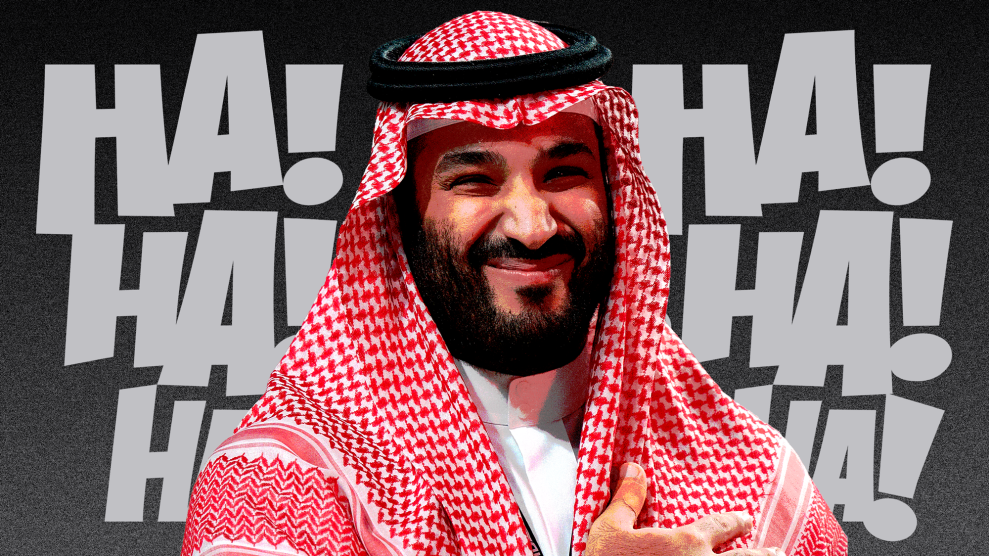 A collage that centers a photo of Mohammed bin Salman al-Saud, wearing a red and white a keffiyeh, secured with an agal. He has a beard and he's smiling as his right hand is held against his chest. Behind him is the word HA! many times.