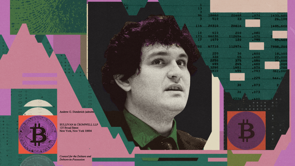 A collage centering Sam Bankman-Fried. Bankman-Fried is a young man with thick curly hair. Around him are documents that read "FTX" and "SULLIVAN & CROMWELL." There are also Bitcoin icons and green and purple shapes that evoke the rise and fall of stock.