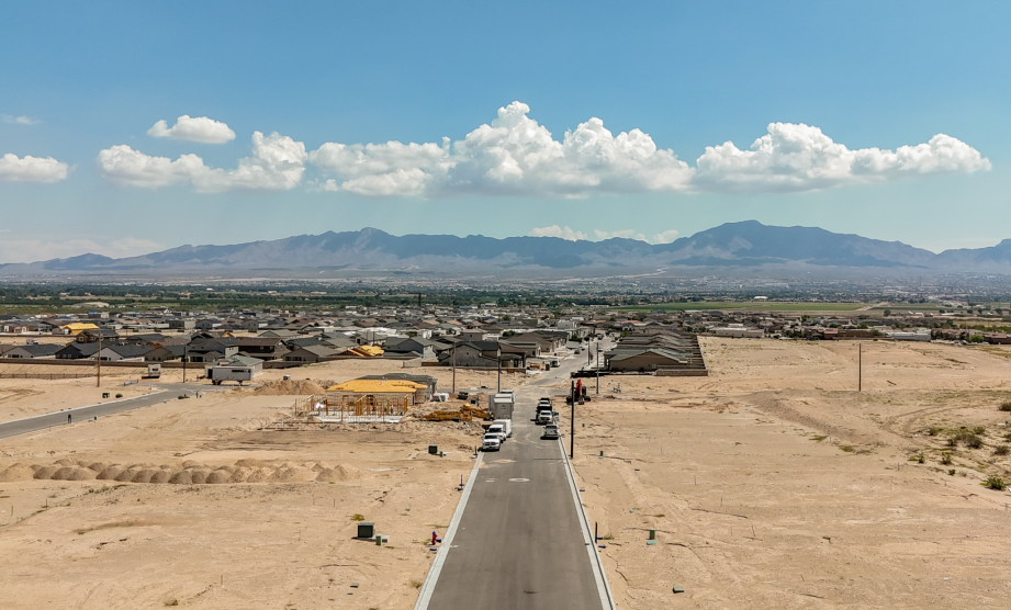 An aerial shot of a construction site in desert land.