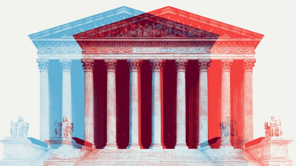 Photo illustration of the Supreme Court House; there are two copies of the building, one red and one blue, and they offset and overlaid on top of one another to indicate a shift/split and duality of the court.