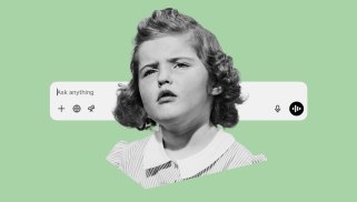 Black-and-white photo of a young girl with curly hair and a puzzled expression, overlaid on a light green background with a digital search bar that reads “Ask anything.”