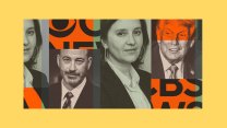 A collage-style image with a yellow background and orange blocks showing pieces of the CBS News logo. The composition features three grayscale portrait photographs of Bari Weiss, Jimmy Kimmel, and Donald Trump.