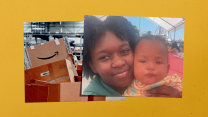 A collage that features a photo of a young African American woman holding her toddler as they look into the camera overlaying a photo of discarded boxes inside an Amazon warehouse.