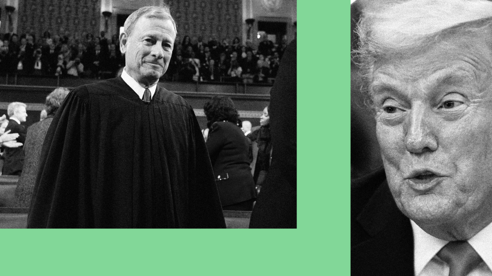 A pairing of black-and-white photos against a green background. In the rectangle on the upper right, is a photo of John Roberts standing in a robe among members of Congress. On the right is a closely cropped photo of Donald Trump talking with a slight smile.