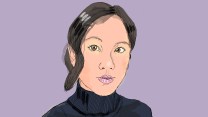 Illustrated portrait of Karen Hao— a young asian woman wearing a black turtleneck, with her hair tied back into a low bun.