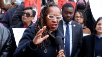 Rep Latefaah Simon, a black woman, speaking at a rally