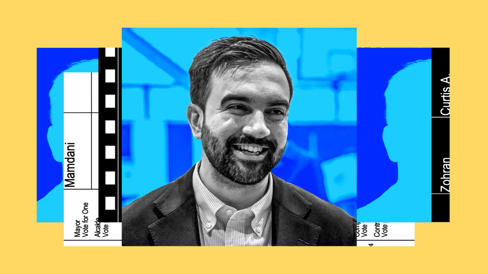 A collage showing a black-and-white photo of Zohran Mamdani overlaid with blue-tinted silhouettes of a man’s face and fragments of a New York City ballot.