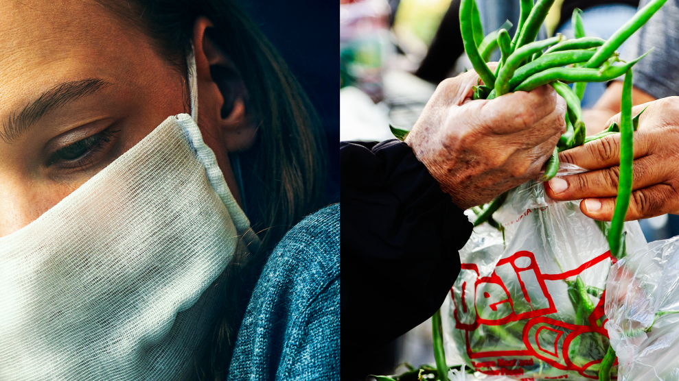 A diptych of two photos. On the left is a close-up photo of a woman staring in the distance, as she wears a face mask. On the right, is a close-up photo of an elderly person's hand holding a hand full of string beans. The hand of another person is seen assisting her place the string beans in a plastic bag.