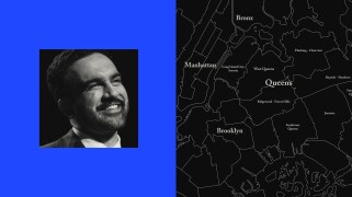 Split collage featuring a smiling Zohran Mamdani on the left in a small box, and a black and white map of the NYC boroughs on the right.