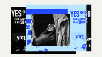 A blue, black and white photo collage that centers a young black man's hand holding the "I Voted" sticker over his chest. Layered behind that photo is another photo that shows the sign "Yes on 50" as presented at a rally event.